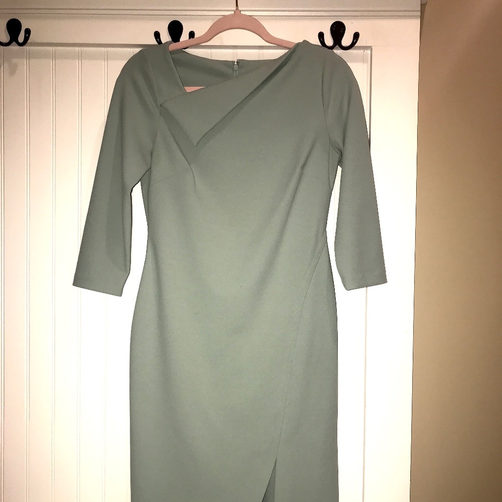 Calvin Klein Mint Fold over Asymmetric V Neck Sheath Midi Dress